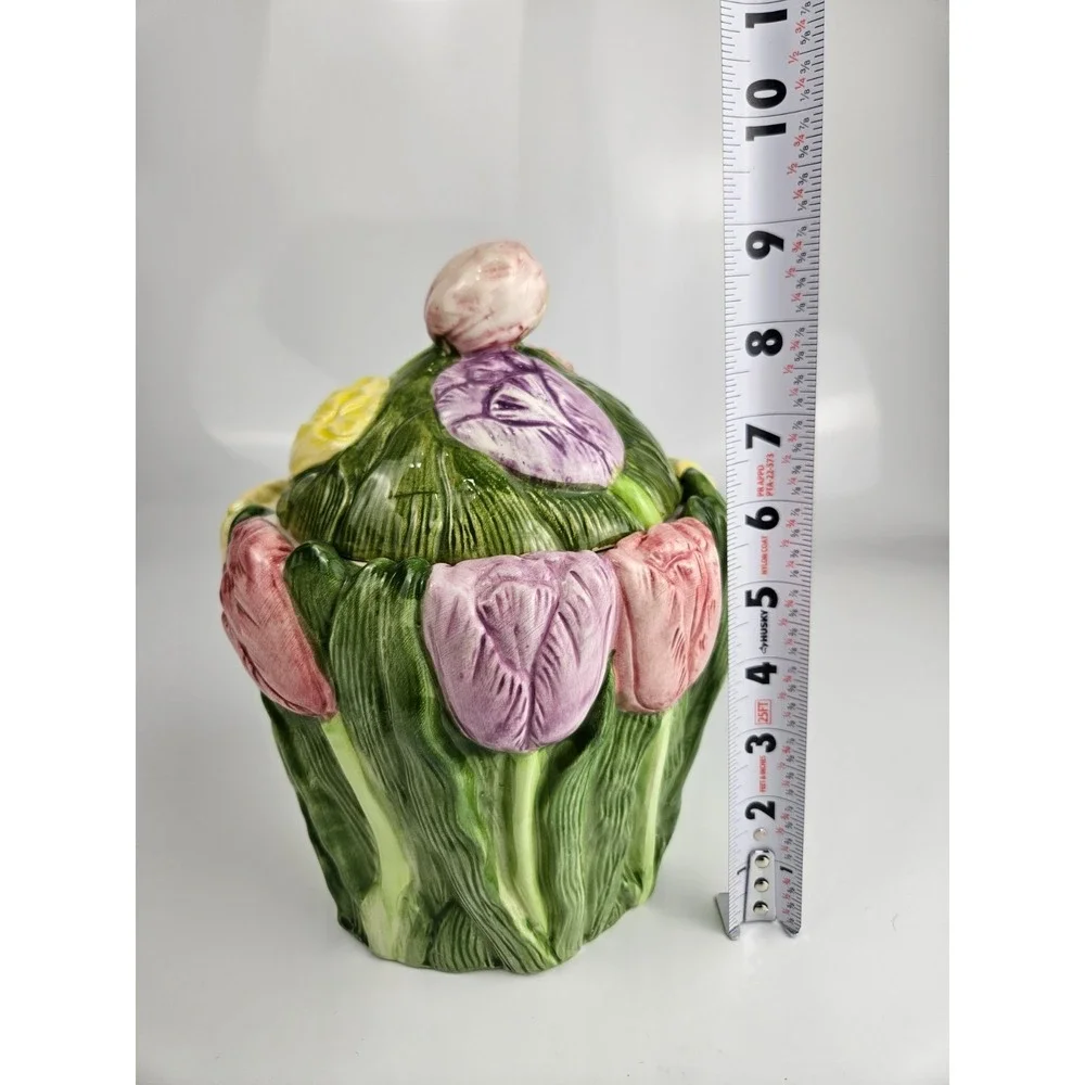 Vintage 1995 Tulip Cookie‎ Jar Floral Relief Ceramic Cottage Kitchen